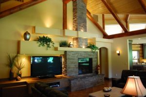 Log Home Interior fireplace and tv